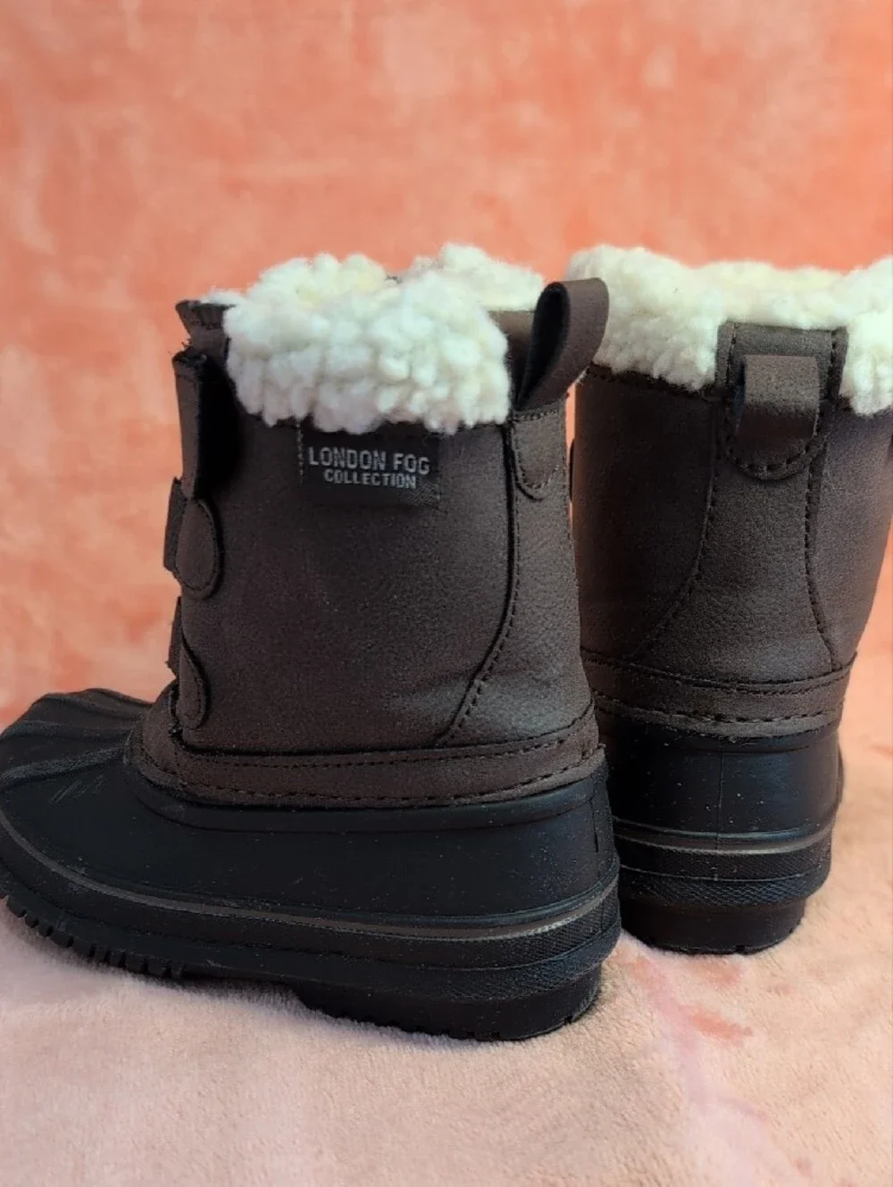London Fog Kids Dark Brown Waterproof Winter Boots with Cream Sherpa Lining